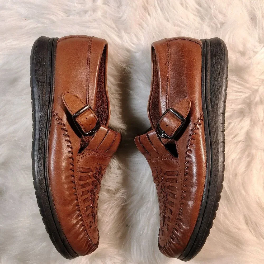 Dr. Scholls Grannycore Oxford Shoes Womens 7 Brown Leather Weave EDITH Buckle